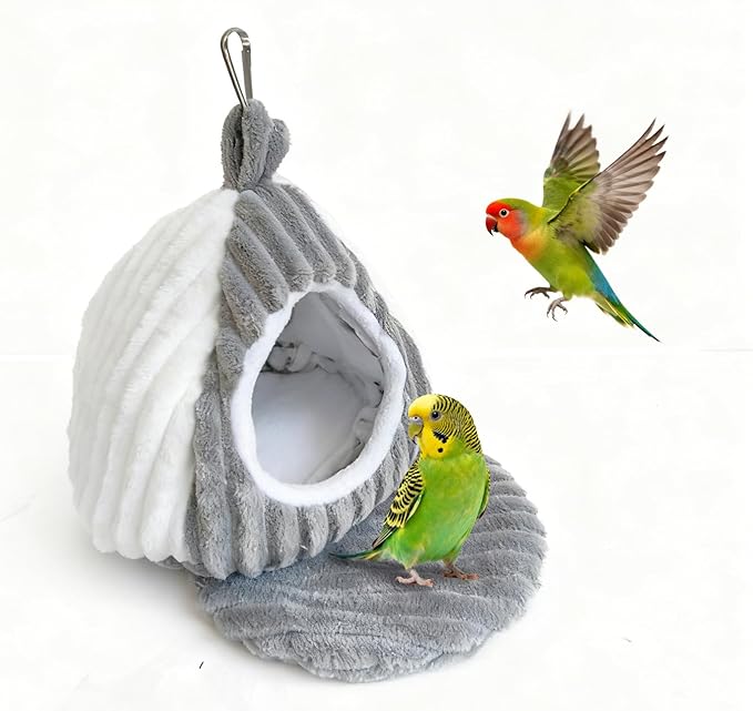 Bird Hanging Hammock Nest Parrot with Soft Plush Hanging Hammock & Hut Tent for Cage Winter Bird Hideaway Hut for Cockatiels Budgies Parakeets Lovebirds Conures Hamsters (Grayish White M)