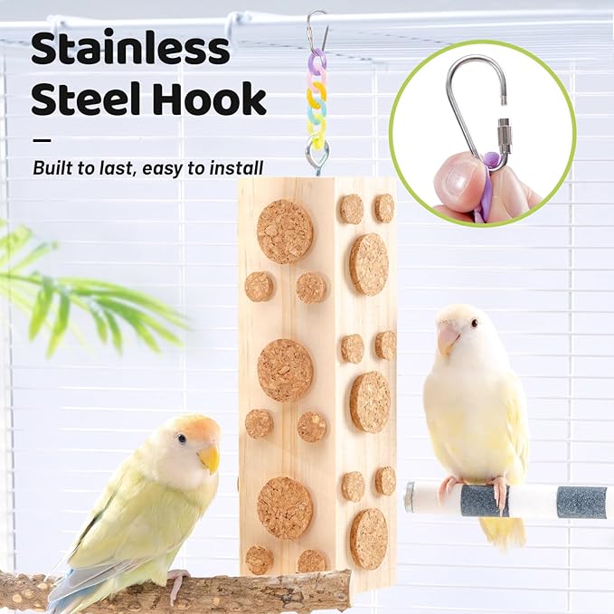 2 Pcs Wooden Bird Chew Toys - 7.9 Inch Hanging Parrot Toys, with 92 Detachable Corks, Relieve Boredom & Anxiety, Foraging Toys, for Parakeet, Cockatiel, Conure, Budgie, Lovebird