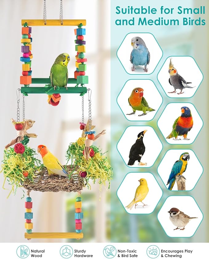 DBNESS Bird Hammock Toys Parakeet Perches Swing, 3in1 Detachable Parrot Cage Accessories, Wooden Hanging Chew Toys for Medium Conure Cockatiel Quaker Lory