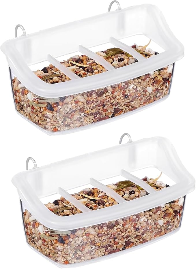 2Pcs Transparent Hanging Bird Cage Feeders & Food Bowls for Parrots and Parakeets, Splash-Proof Design, Easy Install with Hook for Cage