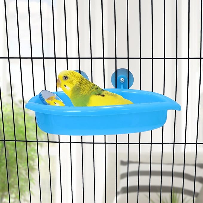 Wontee Bird Bath Box with Mirror Portable Parrot Hanging Bathroom Bathing Tub for Small Birds Cleaning Supplies