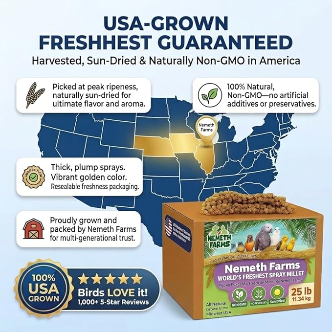 Nemeth Farms Spray Millet for Birds - Natural Non-GMO Millet Treat for Parakeets, Cockatiels & Parrots - 25 lb