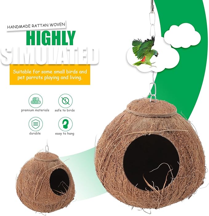 Natural Coconut Shell Bird Nest,Hanging House,Parrots Hide Hut Habitats Decor,Parrot Cage Accessories for Lovebirds Cockatiel Canary Budgies