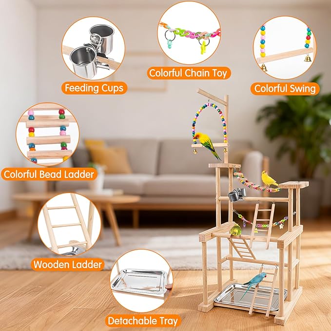 Bird Playground 4 Tier, Parrot Perch Stand Bird Play Stand with Feeder Cups, Ladder, Chain Toy, Swing and Detachable Tray, Parrot Playground for Parakeet Conure Cockatiel Lovebird Budgie