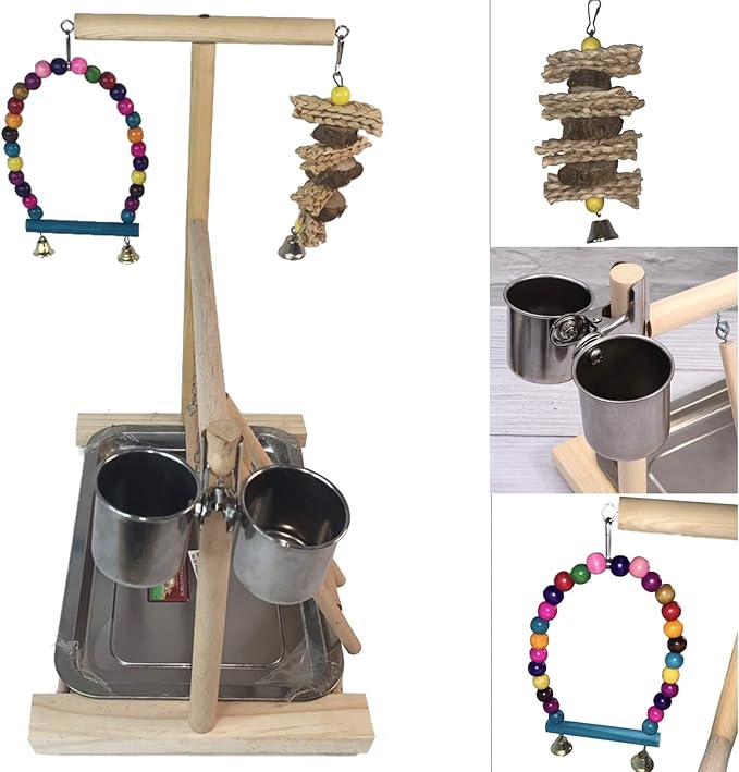 Hamiledyi Parrot Playground Bird Play Stand Play Gym with Feeder Cups,Swings, Ladder and Tray, Wood Parakeet Playground Outside Cage for Cockatiel Lovebird Budgie