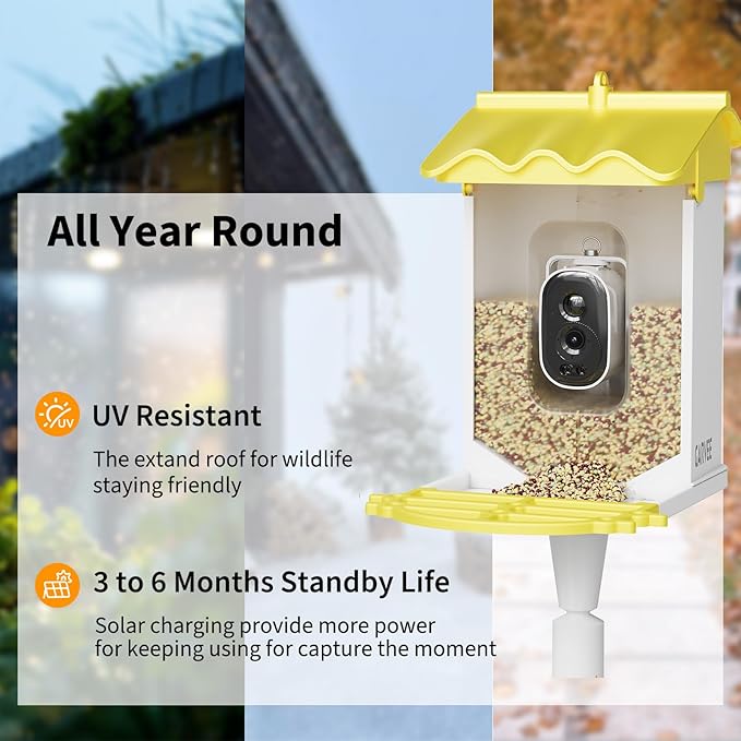 Garvee Smart Bird Feeder with 4K Camera & AI Recognition - Solar Powered, 2L Capacity, Night Vision, App Alerts, for Bird Watching, Squirrel Deterrent Function
