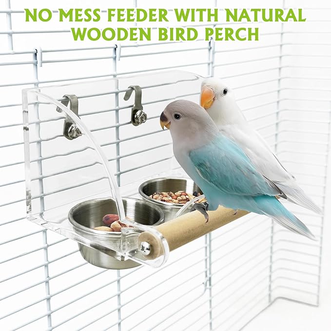 BNOSDM Bird Feeder for Cage with Double Stainless Steel Food & Water Bowls Anti-Slip Wood Perch Stand with No Mess Acrylic Seed Catcher for Parrot, Budgie, Parakeet, Lovebird, Canary, Finch (Hook)
