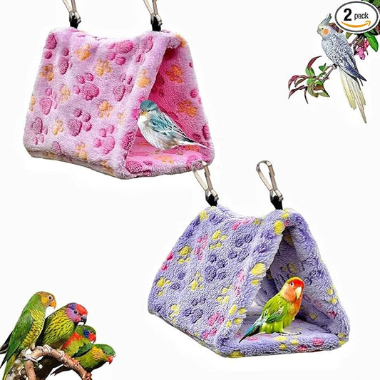2 Pack Bird Nest Plush Snuggle Bird Hammock Hanging Bird Cave Parrot Sleeping Bed Shed Hut Hanging Tent for Budgies Finch Parakeet Cockatiel Cockatoo Lovebird-Foot Pattern (Pink&Purple)