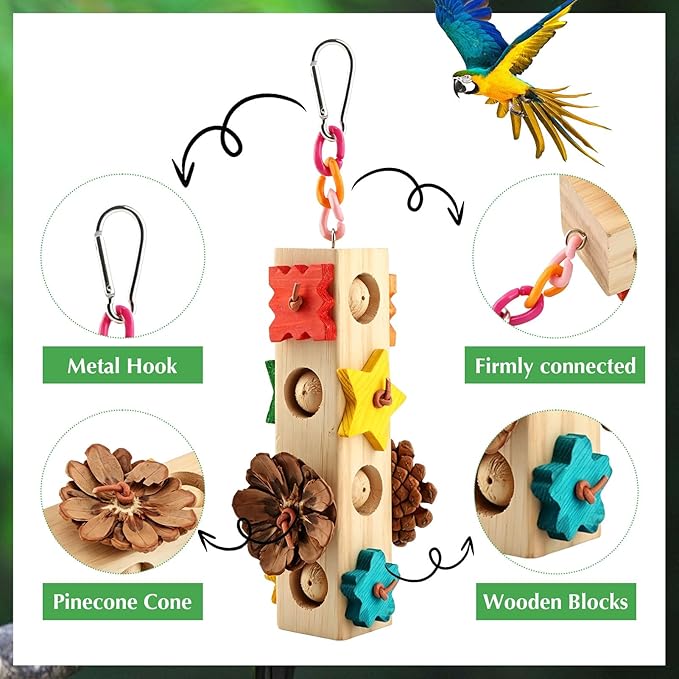 Natural Wood Parrot Chew Toys, 3 Pack Hanging Bird Foraging Toy with Wooden Blocks, Pine Cones & Climbing Rings, Bird Cage Accessories for Parakeet, Cockatiel, Macaw, African Grey Parrot