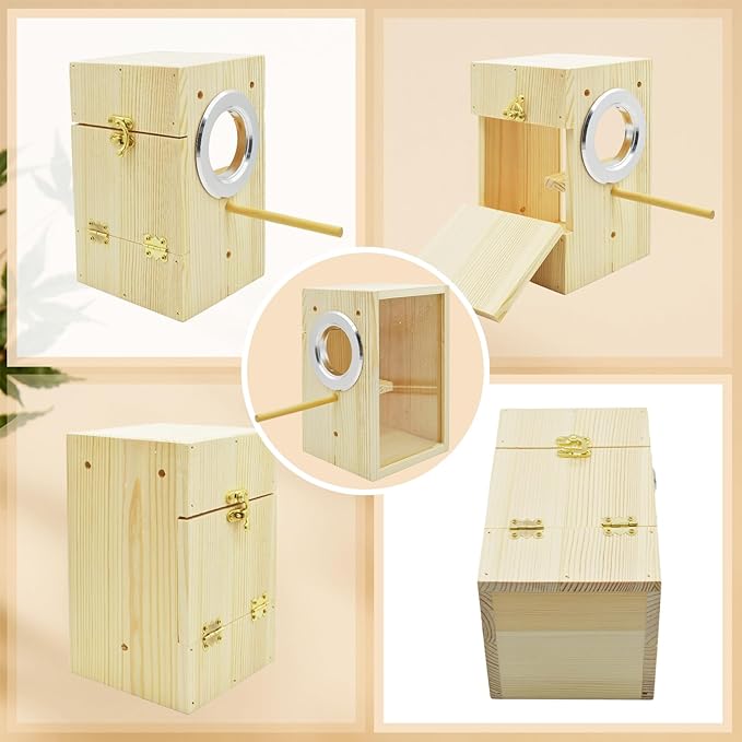 Parakeet Nesting Box,Transparent Bird Nest Boxs Natural Wooden Breeding Box with Coconut Fiber,Birds Cage House with Perch for Canary Budgies Gouldian Finch Cockatiel Conure and Other Small Birds