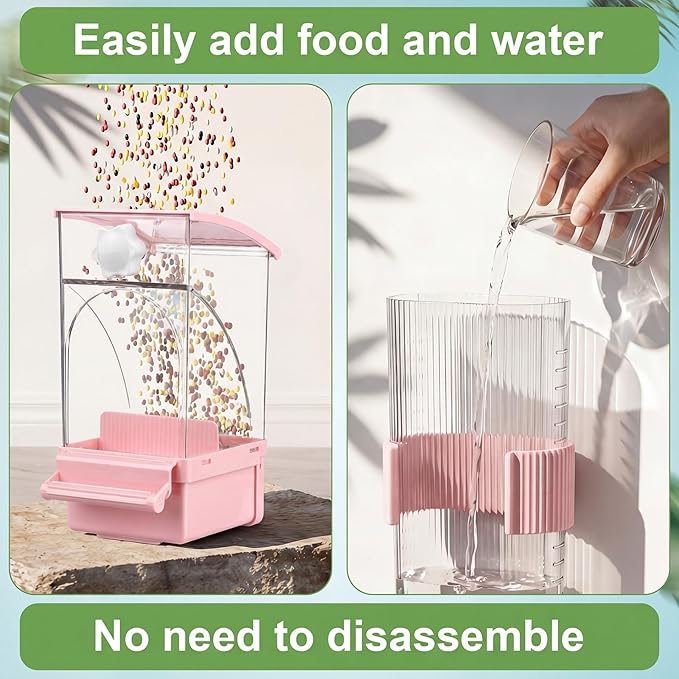 Novabright No Mess Bird Feeder Water Dispenser Set, Automatic Transparent Bird Food Container and 12 oz Automatic Water Feeder for Small Birds Parrot, Cockatoo, Canary, Cage, Lovebird, Budgies (Pink)