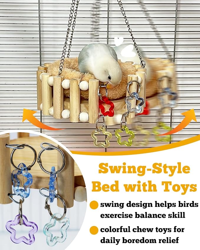Wooden Bird Nest Bed, Pure Kiln-Dried Wood with Detachable Cotton Pad for All Seasons Comfort, Parakeet Bed with Play Toys, Open Breathable Sleeping Hammock for Small Birds Lovebirds, Finch, Canary