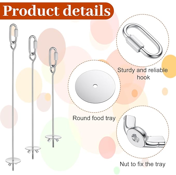 Nogeqi 3PCS Bird Cage Food Holder with Hook, Stainless Steel Bird Feeder for Cage, Parrot Fruit Skewers, Birds Foraging Toys for Macaw Parakeet Parrot Budgie (3 Sizes)