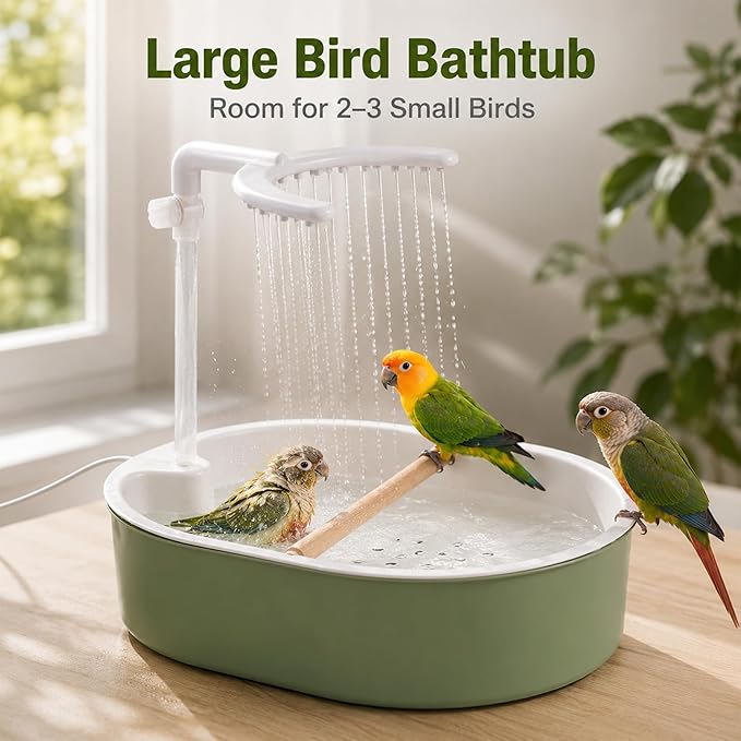 Automatic Bird Bath Shower, USB Pump Adjustable Flow Parrot Parakeet Fountain Wood Perch for Cockatiel Budgie Conure Indoor Cage