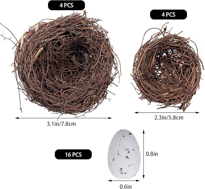 24PCS Small Faux Bird Nests with Eggs – Handmade Rattan Bird Nests for Easter, Weddings, Home Parties, and Christmas Tree Decorations – Includes Mixed Size Nests and Assorted Eggs