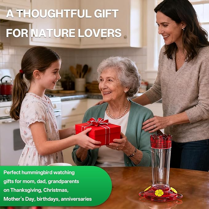 Plastic Hummingbird Feeder, 14 OZ Ant & Bee Proof Hummingbird Feeders for Outdoors Hanging, Leak-Proof Nectar Feeders with 4 Feeding Ports and Perches, Gifts for Mom, Birdlovers