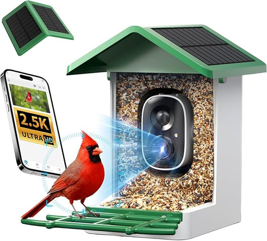 isYoung Smart Bird Feeder with Camera, 2.5K QHD, AI Identify 16000+ Birds,Dual Solar Panel, AI Auto-Capture & Motion Detection, IP65 Weatherproof,170° Field of View, Perfect Bird Watching Gift
