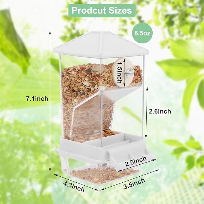 No Mess Automatic Bird Feeder for Cage, with Perch Acrylic Transparent No Spill Birds Feeder Bird Cage Accessories for Parakeets Lovebirds Canary Cockatiel Finch（White）