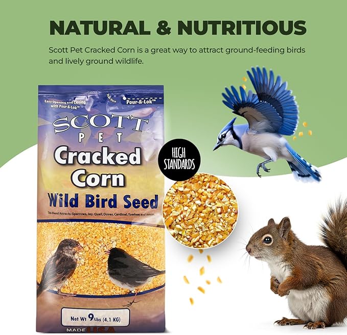 Scott Pet Wild Bird Seed, Cracked Corn, 9 lbs Bag, Feed, Great Source of Protein and Fiber, Food for Outside Wild Birds