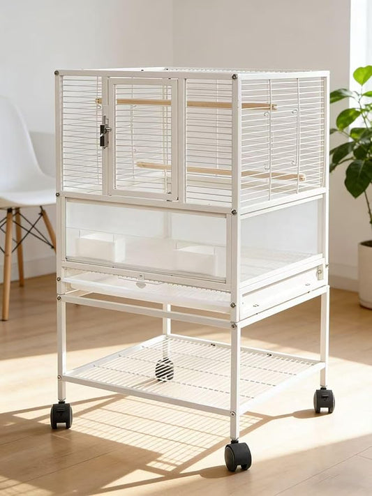 Stackable Breeding Bird Cage with Splash-Proof Baffle, Rolling Stand with Wheels, for Aviaries, Canaries, Cockatiels, Lovebirds, Finches, Budgies, Small Parrots, White. (1F)