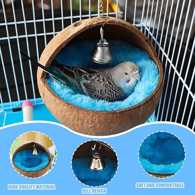 Natural Coconut Shell Bird Nest,1PC Parrot Snuggle Hut Bird Nest House,Hanging Budgie Tent Beds Resting Place for Conure Cockatiel Budgies Lovebird Parakeets Hamster Squirrel Rat Gerbil Mice