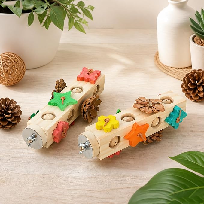2 Piece Wooden Bird Perch Bird Toys, Wooden Parrot Toys, Birds Chew Toy Cage Accessories for Small to Medium Budgies, Cockatiels, Parakeet, Conures, Ideal for Beak-Grinding