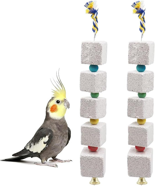 2 Pack Mineral Block Chew Toys with Colorful Beads and a Bell, Bird Beak Grinding Stone, Cage Accessories for African Grey, Budgies, Cockatiels, Small to Medium Birds