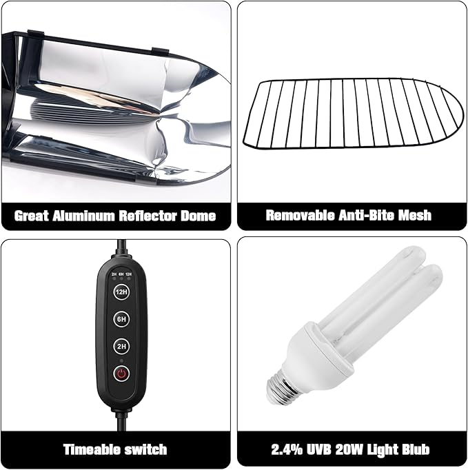 Bird Cage Light Fixture Combo Kit with Adjustable Timer,Lamp Hood with 2.4% UVB UVA 20W Compact Fluorescent Bulb for All Kinds Captive Birds Reptiles