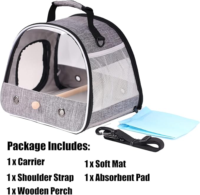 Small Bird Travel Carrier, Portable Bird Travel Cage for Parakeet, Parrot, Budgie, Guinea Pig, Bearded Dragon Reptile Carrier for Hiking Vet Visit Bicycle Ride (Grey)