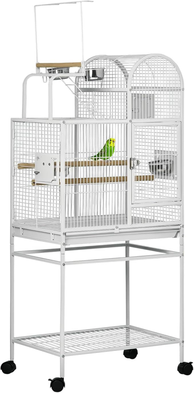 PawHut 55" Large Parrot Cage with Toy Hooks Above Top Bird Perch, Tray, Food Cups, Rolling Stand, Bird Cage for Cockatiels, Parakeets, Lovebirds