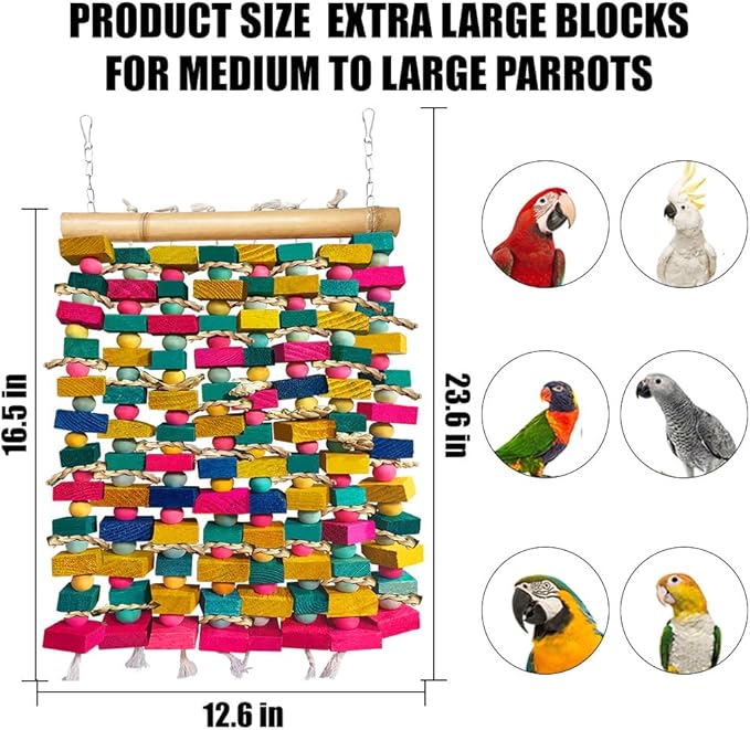 Extra Large Bird Toys for Macaws, Multicolored Wooden Blocks Bird Chewing Toy Parrot Cage Bite Toy for Macaws Cokatoos African Grey and Large Medium Parrot Birds