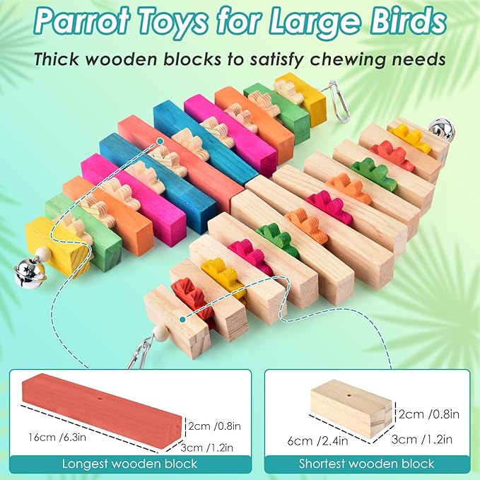 DBNESS 16.54in Extra Large Bird Toys for Parrot, 2 Pcs Colorful Natural Wood Block Chew Tearing Toy with Bell for Macaws, African Greys, Amazon Parrots, Eclectus, Cockatoo