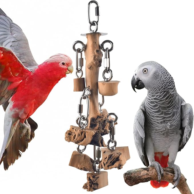 DBNESS Bird Toys for Parrot, Durable Stainless Steel Large Birds Chew Toy, Hanging Detachable Natural Hardwood Blocks for Medim to Large Eclectus, African Greys, Amazon Parrot, Cockatoo