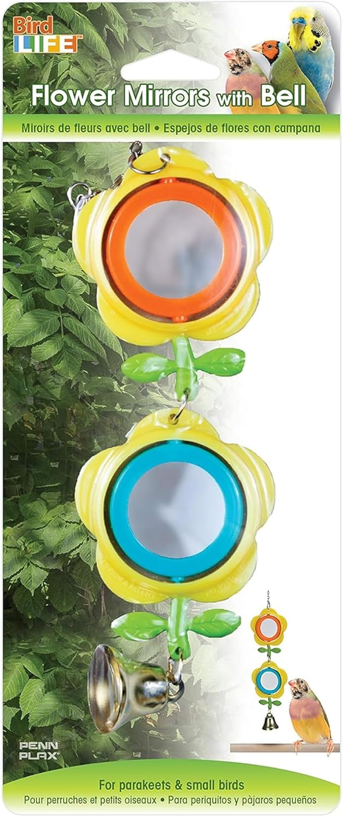Penn-Plax Bird Life Two Flower Mirror with Bell - Interactive Bird Toy with Spinning Floral Mirrors & Hanging Bell - Colorful Cage Accessory for Parakeets & Finches, Easy to Install - 3.75×1×9.2 in