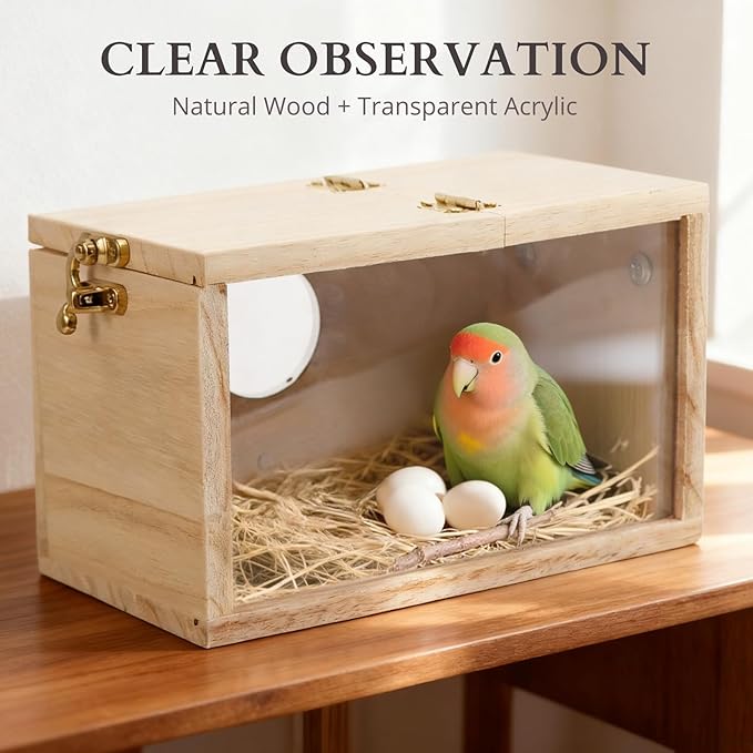 Parakeet Nesting Box with DIY Letter Sticker, Acrylic Transparent Panel & Perch, Natural Wood Breeding Box for Small Birds (Parakeets, Cockatiels, Lovebirds, Budgie), Easy to Install
