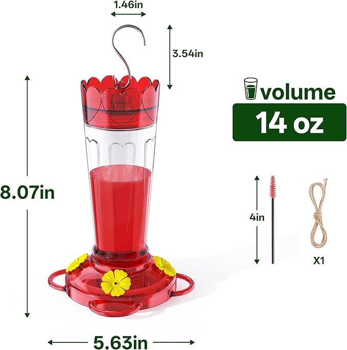 Plastic Hummingbird Feeder, 14 OZ Ant & Bee Proof Hummingbird Feeders for Outdoors Hanging, Leak-Proof Nectar Feeders with 4 Feeding Ports and Perches, Gifts for Mom, Birdlovers