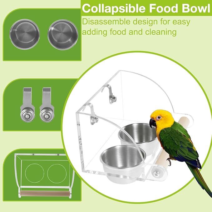 Bird Feeder for Cage,Transparent Parrot Feeder with Nonslip Wood Perch, Stainless Steel Birds Food Bowl Water Bowl, Bird Cage Seed Catcher for Small Medium Parakeet Cockatoos Lovebirds Budgies Conures