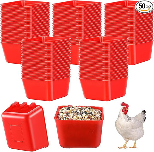 Maxdot 50 Pcs Cage Cups Chicken Feeder Cups 16 oz Hanging Bird Food Water Bowl Bunny Cage Feeding Dish for Pet Parrot Rooster Parakeet Gamefowl Poultry Pigeon(Red)