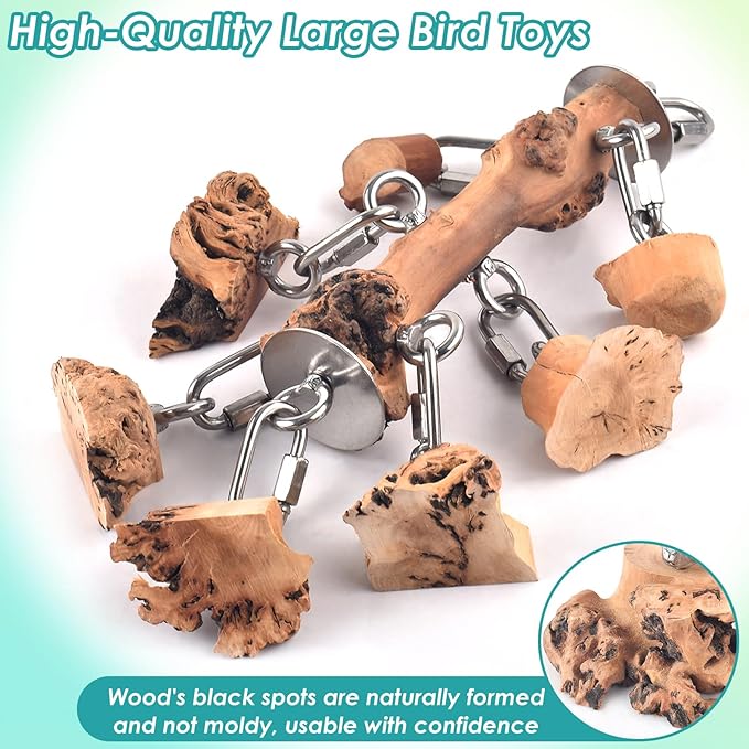 DBNESS Bird Toys for Parrot, Durable Stainless Steel Large Birds Chew Toy, Hanging Detachable Natural Hardwood Blocks for Medim to Large Eclectus, African Greys, Amazon Parrot, Cockatoo