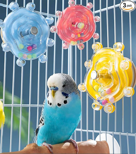 Conure Toys, 3PCS Bird Rotating Wheel Toy Cockatiel Spinning Rattle Toys Parrot Cage Accessories for Small-Medium Birds, Blue/Yellow/Pink