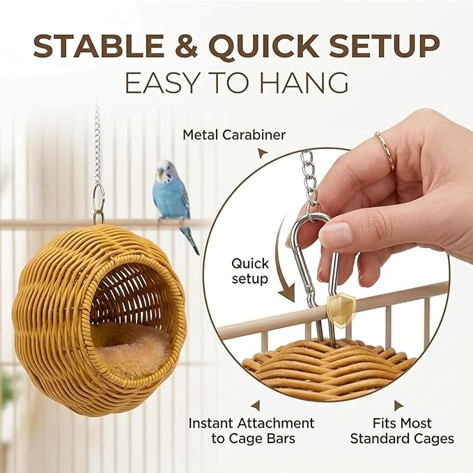 Rattan Bird Nest Chewproof Steel Frame Parakeet Nesting House for Cage, Small Bird Hammock Parrot Sleeping Bed with Soft Mat for Cockatiels Budgerigars Finches Canaries