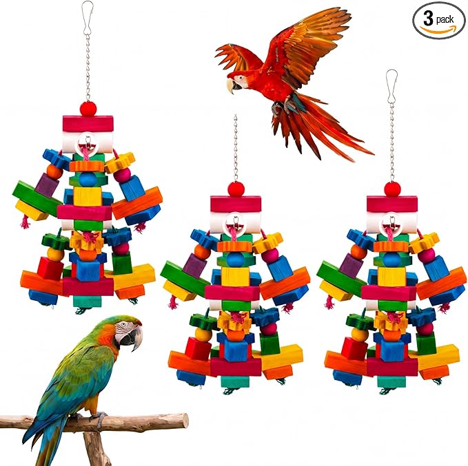 Seenelling 3 Pcs Large Parrot Toys Colorful Chewing Toy with Natural Wood Blocks for African Greys, Cockatoos, Parrots, Macaws, Medium Birds Cage Toy Accessories