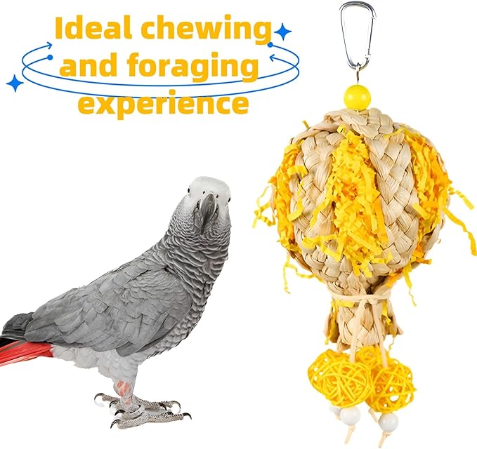 Bird Toys Foraging Shredder Hanging Toys Rope Perch with Bell Parakeet Toy Parrot Swing Climbing Standing Toys Bird Cage Accessories for Conure Cockatiel Budgies Lovebird, Yellow, 1pack