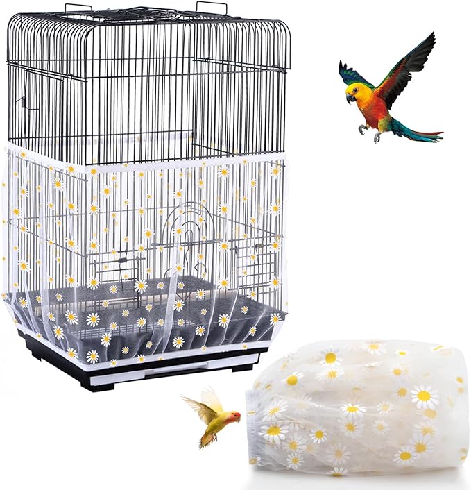 Bird Cage Seed Catcher, Seed Catcher Guard Net Cover, Parrot Nylon Mesh Net Cover, Universal Soft Airy Cage Net Stretchy Skirt for Round Square Cages (Daisy-White, 15.7" x87")