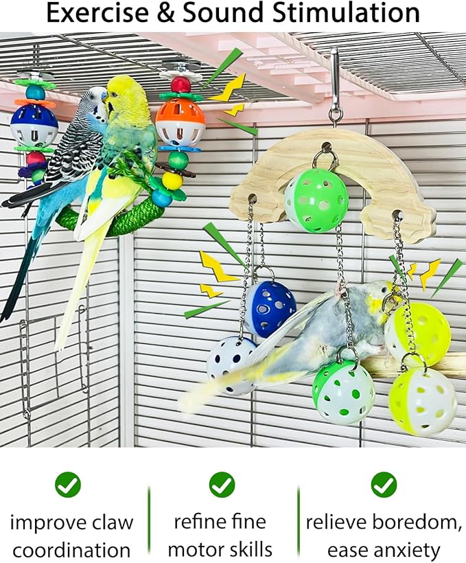 2Pcs Bird Toys with Bells Sounds for Beak Grinding, Sisal-Wrapped U Shaped Bird Perches for Cage, Budgie Toys Ball for Boredom, Interactive Lovebird Parakeet Toys Bell Accessories Chewing for Parrots