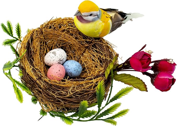 Berfutall-Easter Artificial Nest Natural Bird Nest Kit Includes Artificial Twig Nest, Fake Foam Feather Birds, Foam Eggs Ornaments for Crafts Home Party Decor