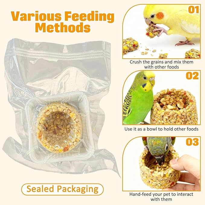 PINVNBY 6 PCS Parrot Treats Natural Oats & Corn Flakes Cockatiel Treats Bowl Shape Budgie Snacks Edible Bird Chewing Toys for Parrots Parakeet Conure Lovebird Finch Canary