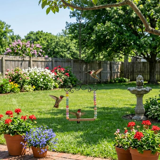 Hummingbird Swing & Perch for Outdoor – Rust-Resistant Metal Bird Perch with Colorful Beads, Easy Hanging Garden Accent Near Feeder, Bird Bath & Hummingbird House (2 PCS)