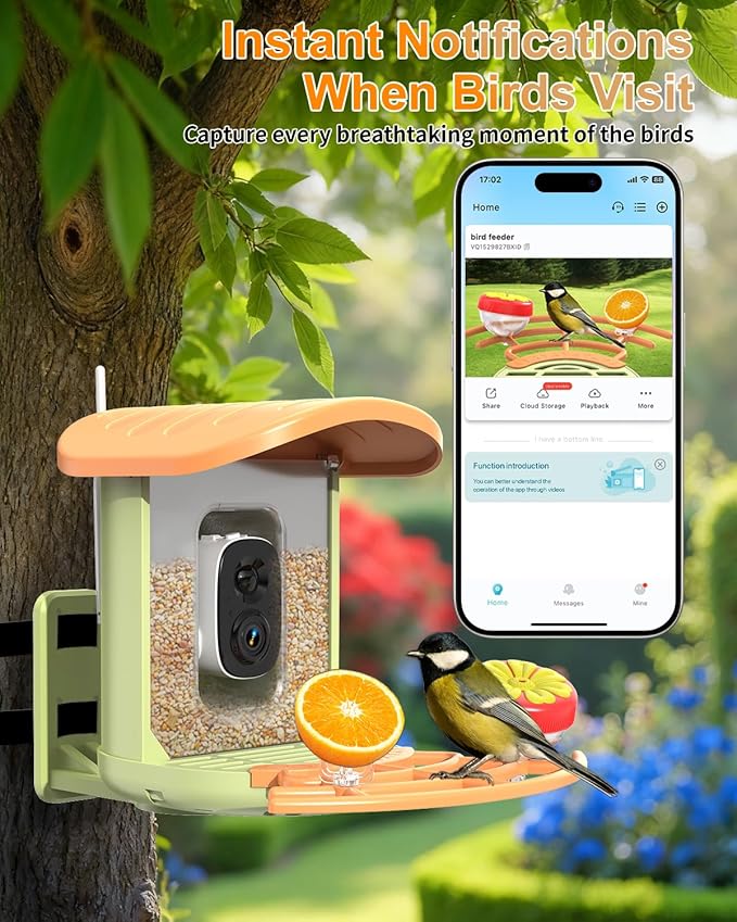 Bird Feeder with Camera, 2K HD Camera Birds Feeder with AI Bird Recognition, Solar Powered Smart Birdfeeder with App Control, Color Night Vision, Gift Box Package, Easy Install & Family Sharing