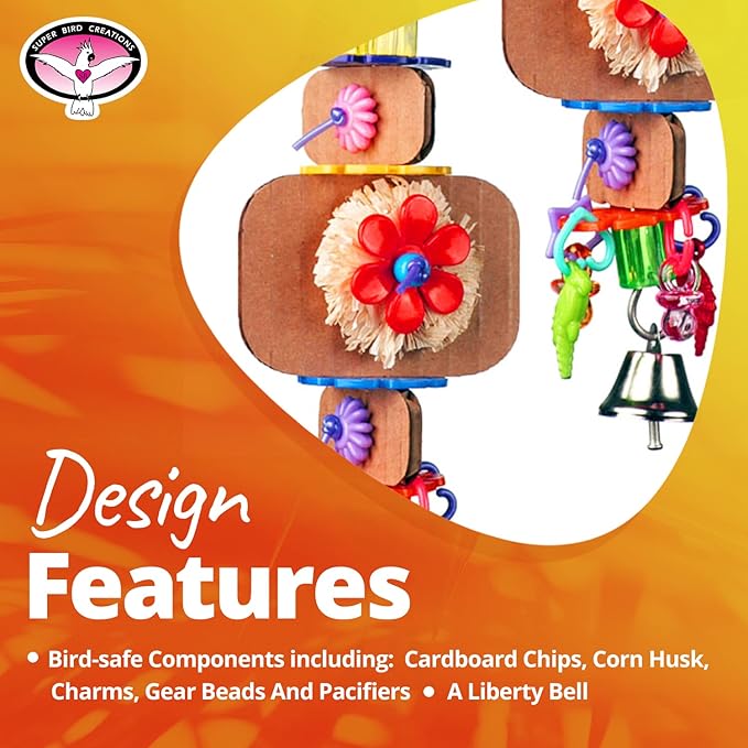 Super Bird Creations SB1090 Nibbles 'N Chips Bird Toy - Interactive Chew & Preening for Small to Medium Birds - Parrotlets Parakeets Cockatiel - Colorful Beads Chips & Corn Husk Chews - 8.5"x3"x1.5"